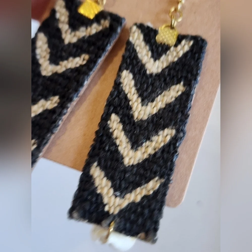 African Ethnic Woven Black & Cream Chevron Cowrie Shell Hook Earrings